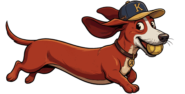 Coach K's dachshund mascot wearing a ballcap, running with a softball